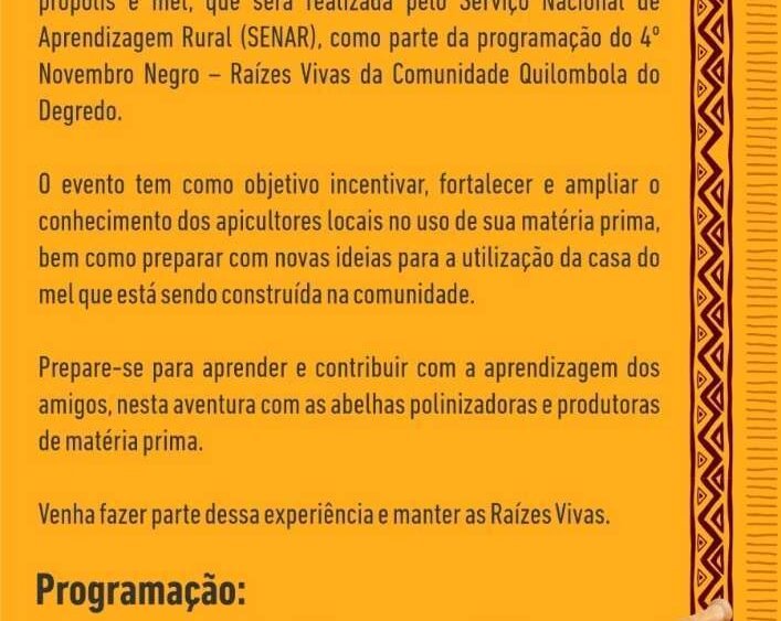 Convite da oficina de beneficiamento de mel e própolis
