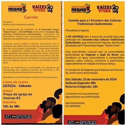 Convite para o I Encontro das Culturas Tradicionais Quilombolas