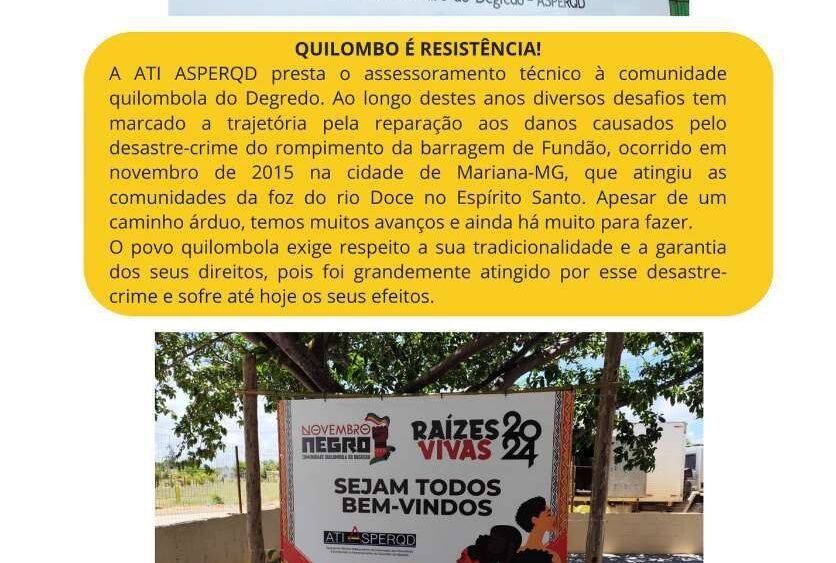 Jornal comunitário da ATI ASPERQD de fevereiro de 2025, com a matéria Quilombo é Resistência