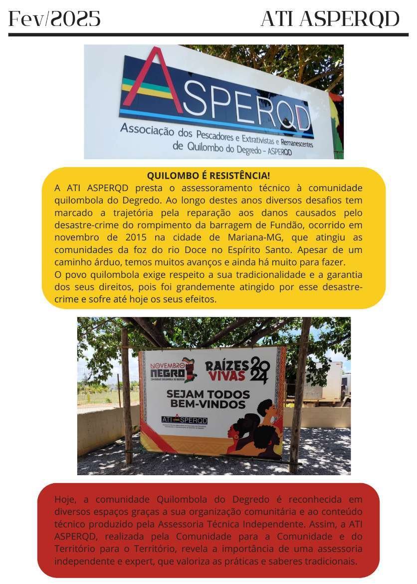 Jornal comunitário da ATI ASPERQD de fevereiro de 2025, com a matéria Quilombo é Resistência
