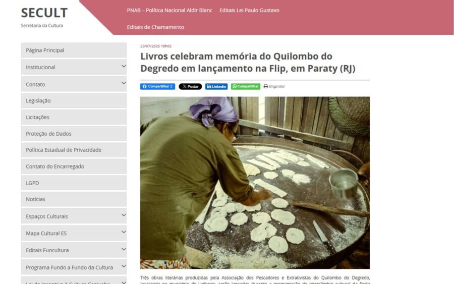 Matéria da SECULT-ES sobre o lançamento na Flip
