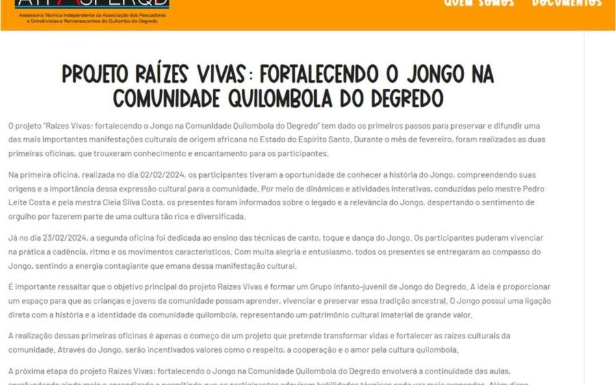 Matéria do site da ASPERQD sobre o projeto Raízes Vivas