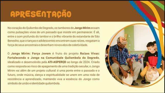 Apresentação do Portfólio do Jongo Mirim com mestre e crianca